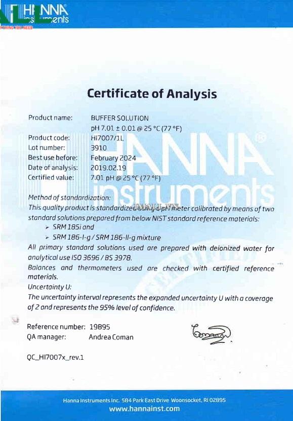 Dung Dịch Hiệu Chuẩn pH 7.01 HANNA HI7007/1L (Chai 1 Lít)0