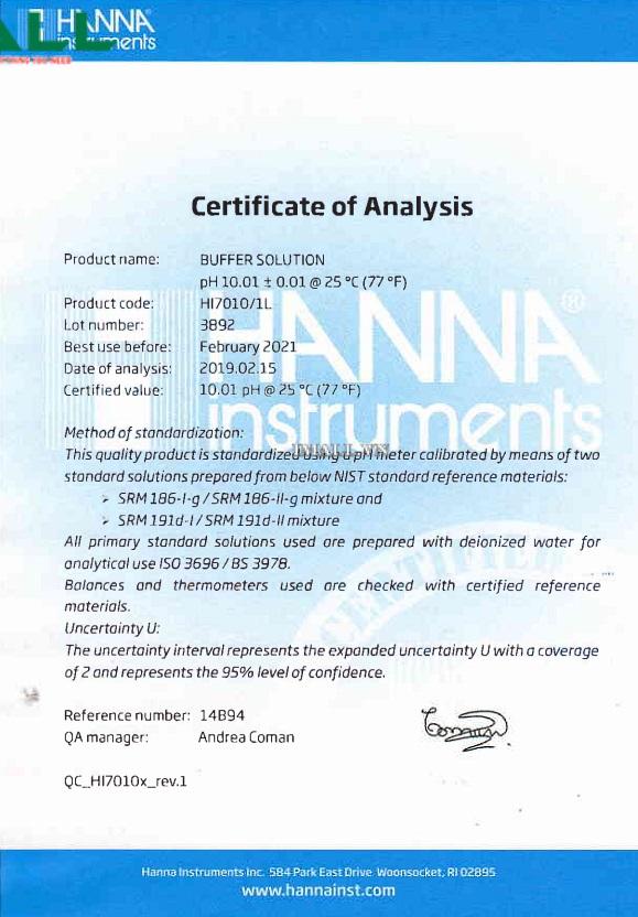 Dung Dịch Hiệu Chuẩn pH 10.01 HANNA HI7010/1L (Chai 1 Lít)0