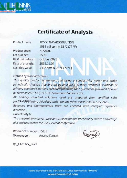 Dung Dịch Hiệu Chuẩn TDS 1382 mg/L (ppm) HANNA HI7032L (Chai 500mL)0