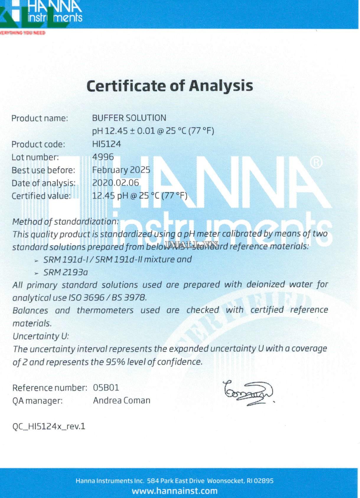 Dung Dịch Hiệu Chuẩn pH 12.45 HANNA HI5124 (Chai 500 mL)0