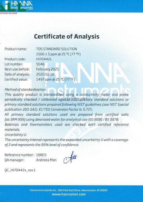 Dung Dịch Hiệu Chuẩn TDS 1500 mg/L (ppm) HANNA HI70442L (Chai 500mL)0